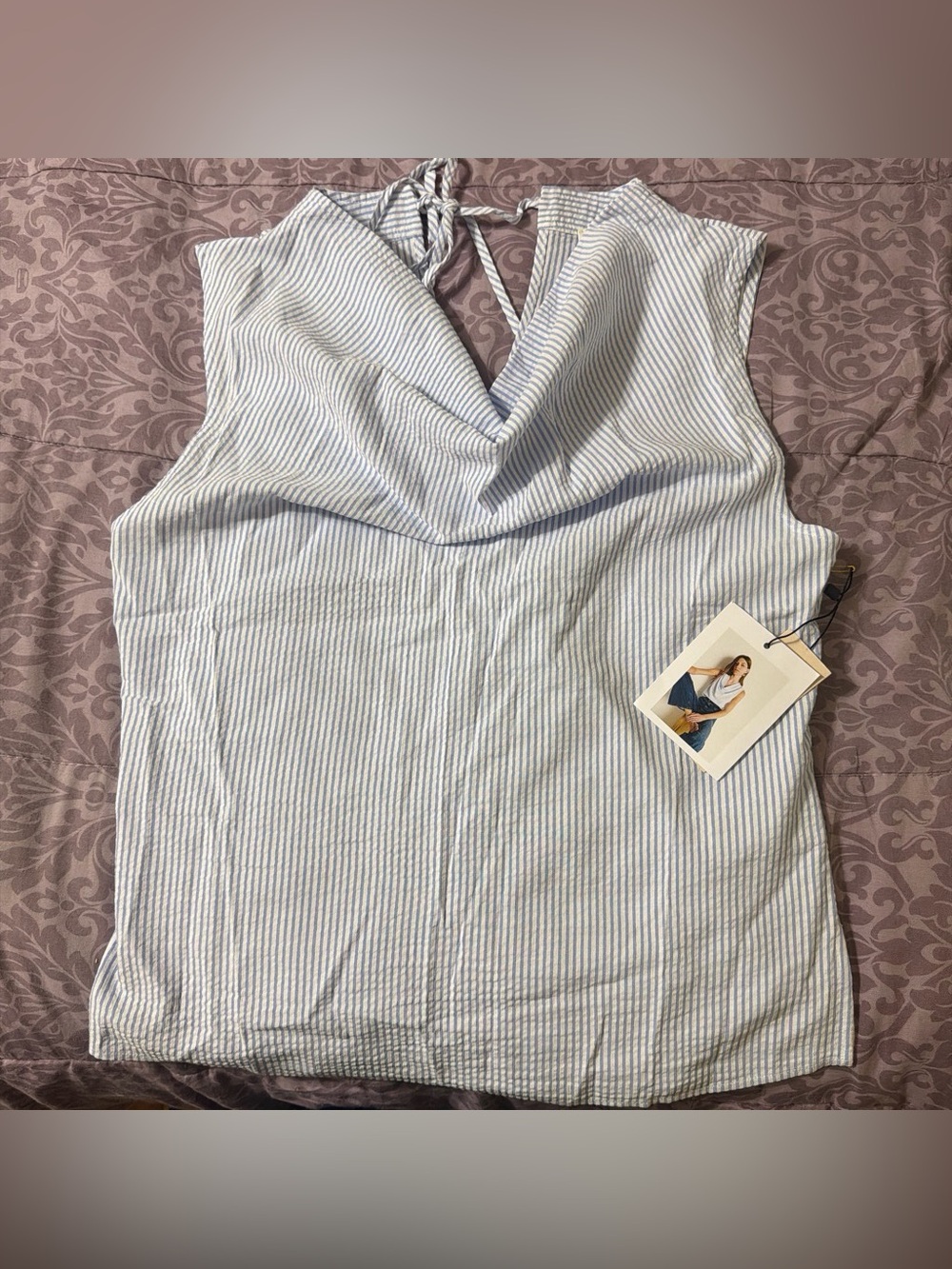 Nation Los Angeles Sleeveless Blue & White Striped V-Neck Tie-Back Top